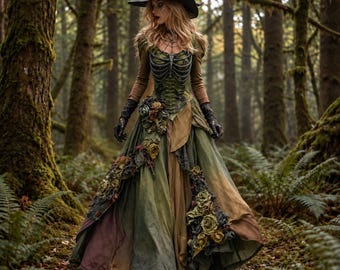 Abito da strega della foresta incantata | Abito lungo gotico verde | Abito corsetto floreale vintage da donna | Costume di Halloween rinascimentale
