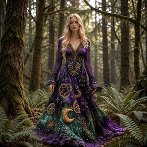 Peut inclure: Une robe longue à manches longues dans des tons de violet et de vert, dotée d'un décolleté en V profond et de broderies complexes. La jupe est ornée de motifs célestes perlés, incluant de grands croissants de lune et des étoiles dorés.