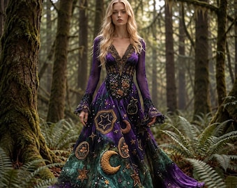 Vestido de bruja celestial | Vestido largo gótico morado y verde | Vestido de Halloween de luna y estrellas para mujer | Disfraz de fantasía mística