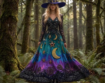 Blue Purple Celestial Dress | Moon and Star Maxi Dress, Vintage Gothic Long Gown, Halloween Witchy Dress for Women