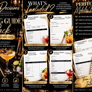 May include: A digital pricing guide pack for mobile bartenders featuring four editable templates: a service pricing worksheet, a bartending package builder, an event cost calculator, and a profit and pricing planner, all presented with gold accents.
