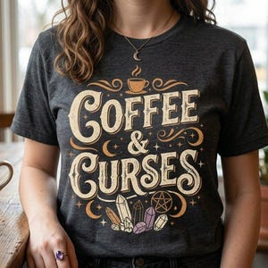 Witchy Coffee Shirt, Vintage Distressed Graphic Tee, Spooky Caffeine Lover Gift