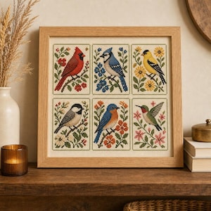 May include: A square framed cross-stitch embroidery featuring six distinct panels, each depicting a different bird perched on a flowering branch. The birds include a red cardinal, a blue jay, a yellow goldfinch, a chickadee, a bluebird, and a hummingbird.
