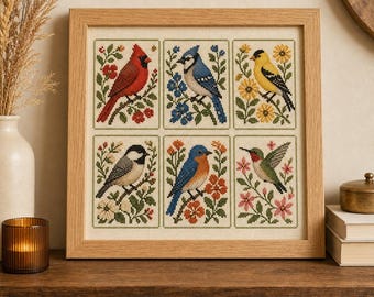 May include: A square framed cross-stitch embroidery featuring six distinct panels, each depicting a different bird perched on a flowering branch. The birds include a red cardinal, a blue jay, a yellow goldfinch, a chickadee, a bluebird, and a hummingbird.