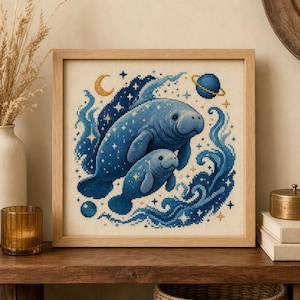 May include: A square cross-stitch embroidery in a light wood frame featuring a large blue manatee and a smaller calf swimming through stylized blue waves, surrounded by a yellow crescent moon, a blue planet with rings, and small gold stars.