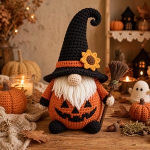 Peut inclure: Une figurine de gnome au crochet avec un grand chapeau pointu noir orné d'une bande orange et d'un tournesol jaune. Le gnome possède une barbe en laine blanche, un nez rond et un corps orange avec un visage de citrouille noir cousu.