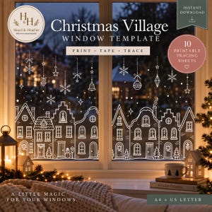 Puede incluir: Una plantilla digital para decoración de ventanas de pueblo navideño con dibujos lineales blancos de casas, copos de nieve y adornos. El texto dice Christmas Village Window Template, Print Tape Trace, Hazel & Heather y 10 Printable Tracing Sheets.