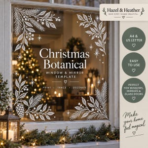 Puede incluir: Una plantilla botánica blanca para ventanas y espejos con ilustraciones navideñas de ramas de pino, bayas y piñas. El texto dice Christmas Botanical Window & Mirror Template, Print, Trace, Decorate, Hazel & Heather.