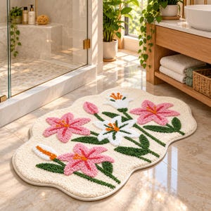May include: An oval-shaped cream-colored bath mat featuring a tufted floral pattern. The design includes pink and white lilies with orange centers and dark green leaves, all rendered in a textured, plush pile on a soft, light-colored base.