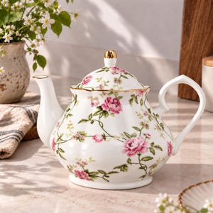 Peut inclure: Une théière en porcelaine blanche ornée d'un motif floral délicat composé de roses roses et de vignes vertes. La théière présente un bord festonné, une anse incurvée, un bec verseur et un couvercle surmonté d'un bouton doré.