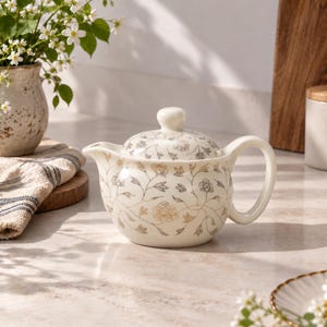 May include: A cream-colored ceramic teapot featuring a delicate, repeating floral vine pattern in soft shades of brown and beige. The teapot has a rounded body, a curved handle, a short spout, and a matching lid with a small knob handle on top.