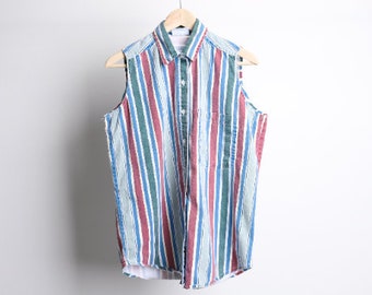 SAMPLE SALE Vintage scarf shirt womens eco conscious fashion sleeveless top colorful floral print shirt bright silk striped menswear for her