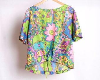 vintage PSYCHEDELIC 1960s SAN francisco hippy trippy swirl pattern women's blouse - Size Medium/Large