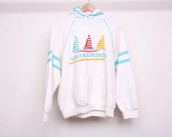 vintage SAN FRANCISCO bay area 1980's sailing SWEATSHIRT hoodie color block white & blue vintage hoodie -- size medium