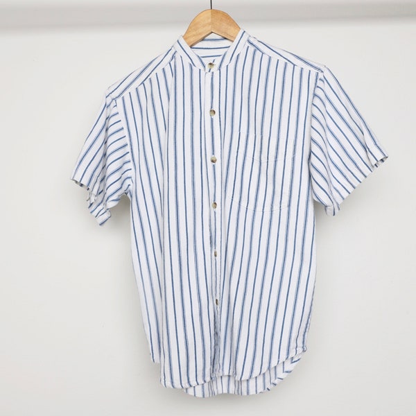 1980s SURF fitted blue & white FLAT collar striped button down shirt - men's extra small