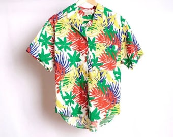 vintage 1990s women's FLORAL HAWAIIAN print COLOR block short sleeve blouse button down top -- women's size medium