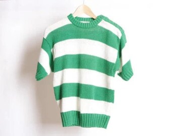 vintage SPRING 90s color block striped ringer green & white BOXY short sleeve shirt -- size small -- FREE shipping U.S.A.