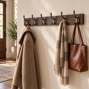 May include: A wall-mounted coat rack featuring a dark brown wooden base with six brass-toned metal hooks. A tan wool coat, a beige and brown plaid fringed scarf, and a brown leather tote bag are hanging from the hooks on the rack.