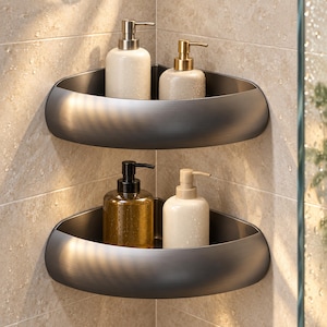 May include: Two stacked matte dark grey metal corner shower shelves with rounded edges. The top shelf holds a white pump bottle and a gold-toned pump bottle. The bottom shelf holds a clear amber pump bottle and a white pump bottle.