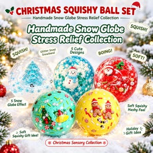 Könnte beinhalten: Ein Set aus fünf weihnachtlichen Quetschbällen, bestehend aus transparenten Kugeln, die mit festlichen Motiven wie einem blauen Baum, einem Schneemann, dem Weihnachtsmann, einem grünen Baum mit Glocke und Lebkuchenmännern gefüllt sind.