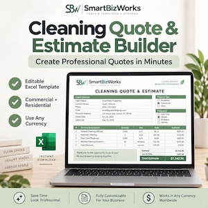 May include: A digital Cleaning Quote and Estimate Builder template displayed on a laptop screen. The document features fields for client details, service descriptions, quantities, rates, and totals. Includes an Excel icon and text labels.
