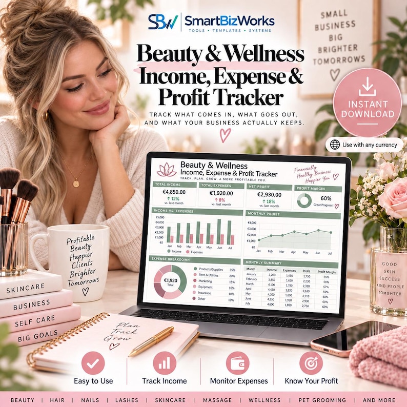 Beauty & Wellness Income and Expense Tracker | Profit Excel Spreadsheet ...