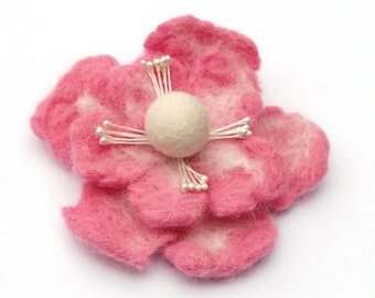 Felt flower brooch, felted wool flower, felted jewelry, pink and white flower pin, valentine gift, felt flower hair clip, gifts for her