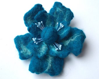 Felt brooch flower, wet felted wool flower, felted jewelry, shades of turquoise, felt flower hair clip, felt flower brooch
