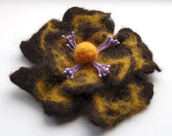 Felted flower brooch, wet felted wool flower, felted jewelry, clothing decoration, natural, black, yellow and lila, gifts for her, jewellery