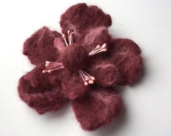 Felted flower brooch pin, felted wool flower jewelry, bordeaux red and pink, felt flower hair clip, flower felt pin, purple corsage