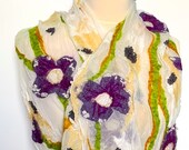 Nuno felted flower scarf, handmade collar, white scarf, flower shawl, wedding ornament, bridal, fashion scarf, gift for women, silk scarf
