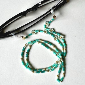 Daisy beaded sunglasses strap, eyeglasses necklace, gift for women, turquoise seed beads chain, reading glass cord, boho jewelry eyewear