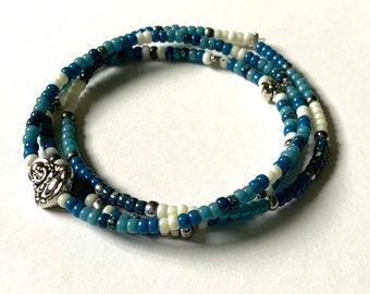 Beaded bracelet, set of three, 3mm Miyuki seed beads, metal charms, blue, white and silver, buddha bracelet, girlfriend or mother's day gift