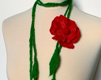 Necklace scarf with flower, felt scarf, red wool flower cord, floral jewelry, red poppy, flower necklace, woman's scarf, floral necklace