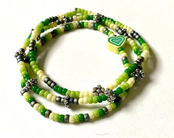 Bracelet set, 3 pieces with 3mm Miyuki seed beads, green and yellow, metal charms, stretch wristlet, bracelets for women, mother's day gift