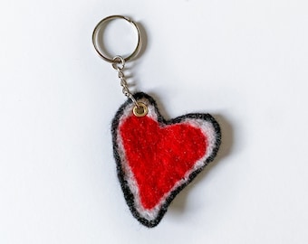 Felted heart keychain, hand felted red heart keyring, lovely hearts piece, valentine present, red love heart bag chime, red wool key fob