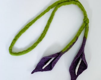 Necklace with flower, felt scarf, colors purple and green, wool flower cord, floral jewelry, purple lily, felt floral necklace, gift for her