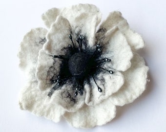 Flower brooch pin, felted wool jewelry, gifts for her, black and white hair clip, boho style corsage, wedding bouquet,  brooches for women