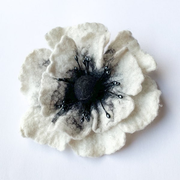 Flower brooch pin, felted wool jewelry, gifts for her, black and white hair clip, boho style corsage, wedding bouquet,  brooches for women