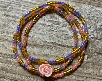 Bracelet set for women, beaded band, made with 3mm Miyuki seed beads, gold, soft blue and orange, stretch wristlets, three stack jewelry