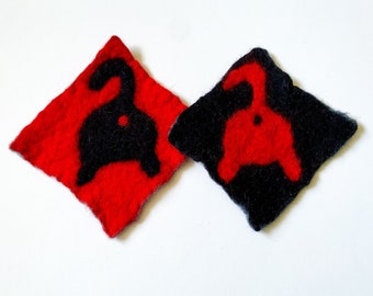 Cat butt coasters, set of 2 felt cat coasters, cat accessories, cat lovers, cat lady gift, hand felted fat cat bum coasters, cat mug rug