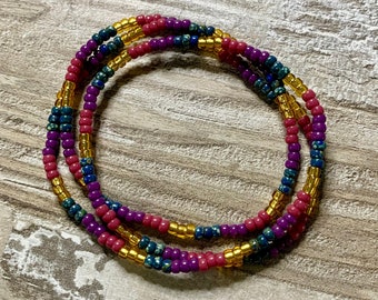 Three wrap bracelet with seed beads, purple, blue and gold, miyuki 3mm rocailles, 3 wrap, usable as necklace, beaded bracelets for women