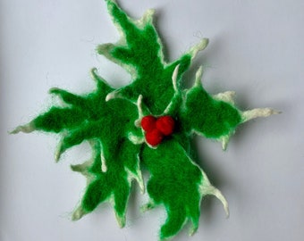 Felted flower brooch, hand felted jewelry, green with white Holly pin, Christmas, flower felt pin, corsage, gifts for her, holidays