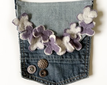 Upcycled denim bag, recycled denim pocket, felted flowers festival bag, used denim phone bag, crossbody purse, gift for her, shoulder bag