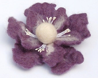 Flower brooch, felted jewelry, clothing decoration, wet felted wool flower, gifts for her, lila with white, felt flower hair clip