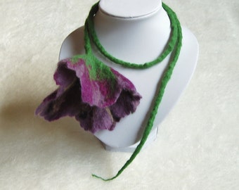 Necklace with flower, felt scarf, colors purple and green, wool flower cord, floral jewelry, purple poppy, floral necklace, gift for her