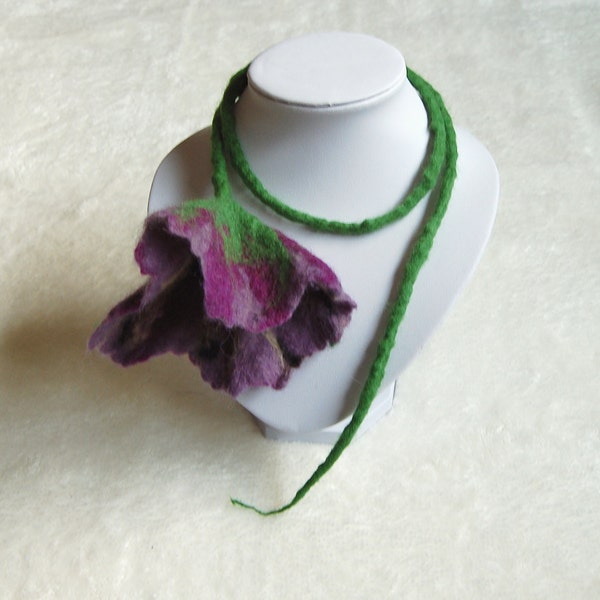 Necklace with flower, felt scarf, colors purple and green, wool flower cord, floral jewelry, purple poppy, floral necklace, gift for her