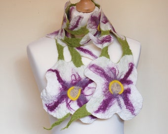 Scarf felt flowers, felt flower scarf, handmade collar, white scarf, flower shawl, wedding ornament, bridal, fashion scarf, scarf for women
