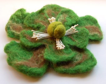 Flower pin felt, hand felted wool jewelry, green and brown, flower felt pin, corsage, big flower brooch, gifts for her, jewellery