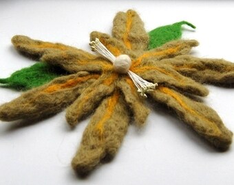 Brooch flower felt, wet felted wool jewelry item, sand, orange and green, felt flower hair clip, flower felt pin, corsage, big flower brooch